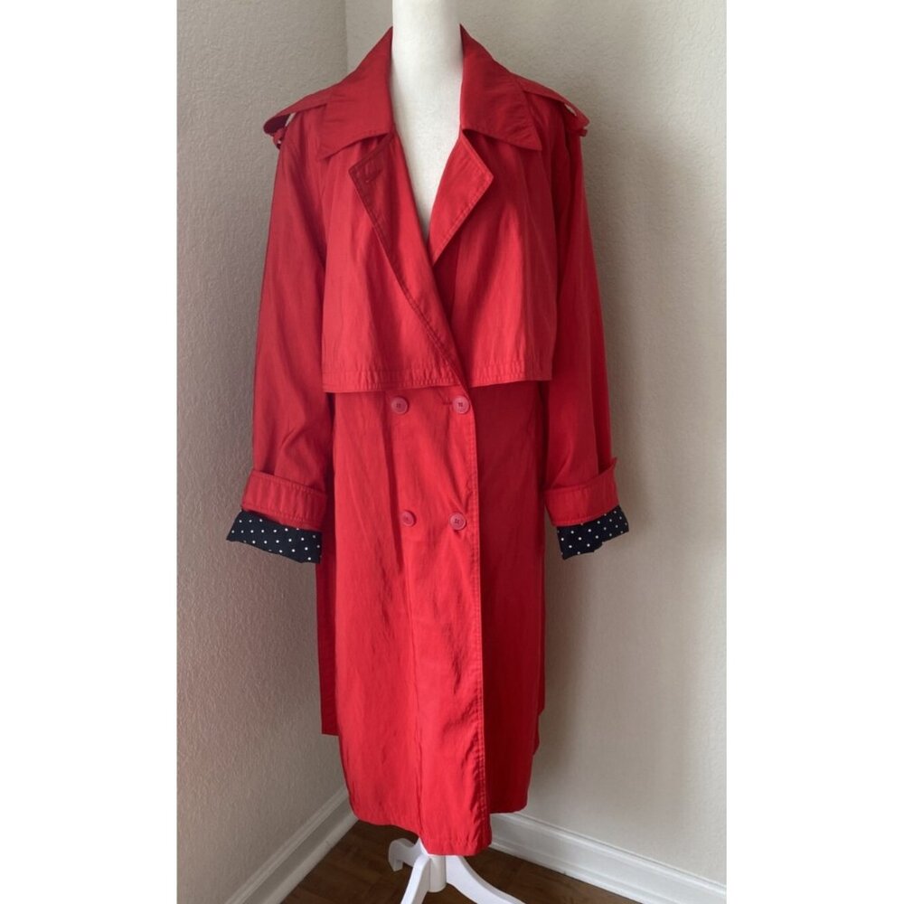 New York Harbor Petite 14 Full Length Red Trench Rain Coat w Polka Dots
